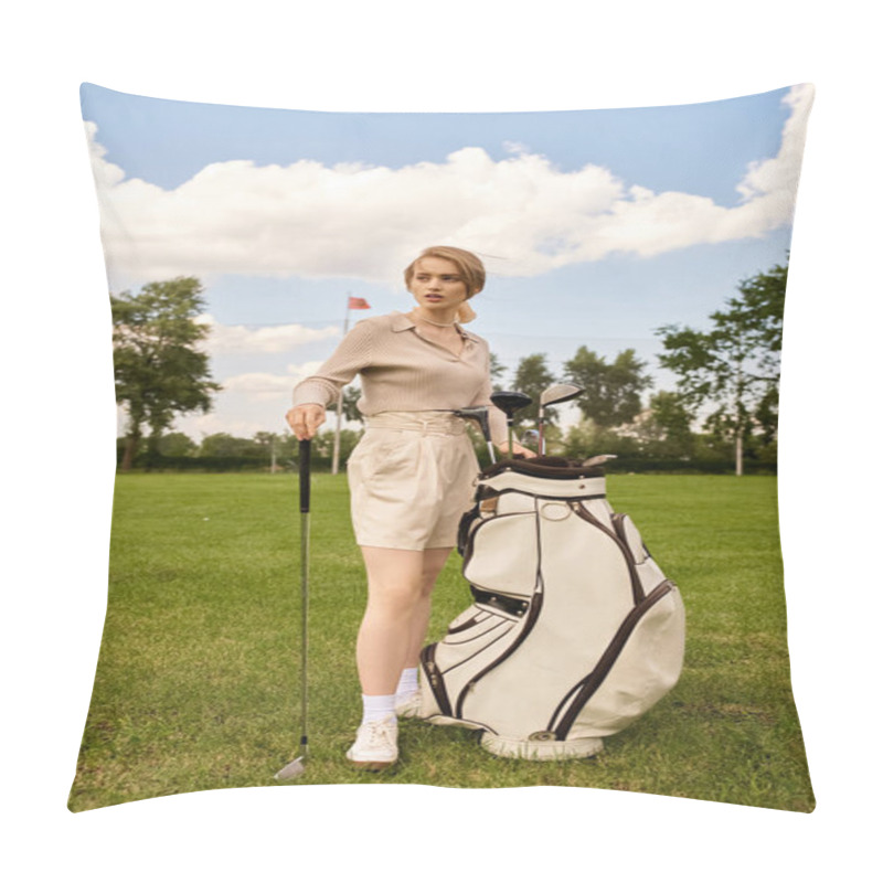 Personality  A Sophisticated Woman In Stylish Attire Stands On A Manicured Golf Course Holding A Golf Bag On A Sunny Day. Pillow Covers