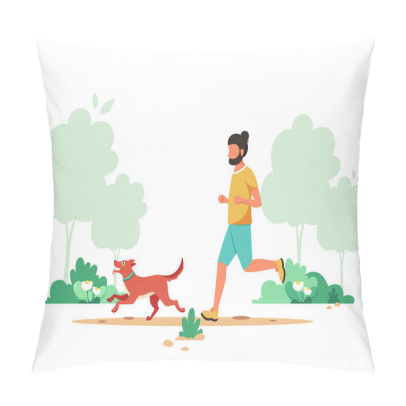 Personality  Man Jogging In Spring Park With Dog. Outdoor Activity, Dog Walking. Vector Illustration. Pillow Covers