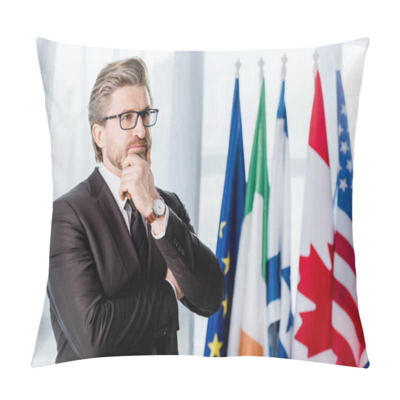 Personality  Pensive Diplomat In Glasses Touching Face Near Flags In Embassy  Pillow Covers