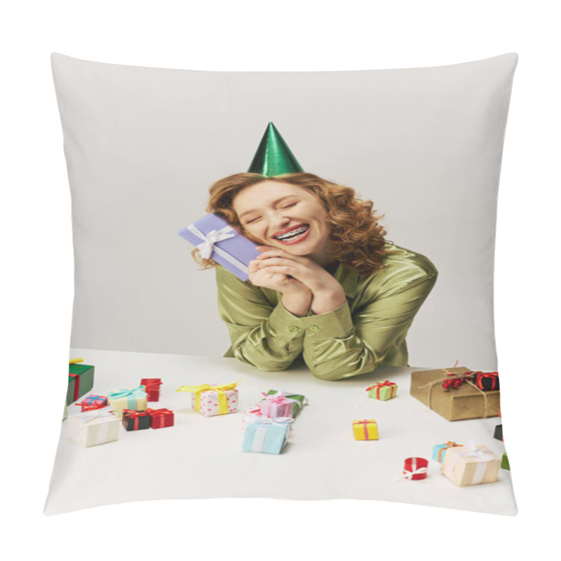 Personality  The Young Woman Enjoys Posing While Surrounded By Various Presents. Pillow Covers