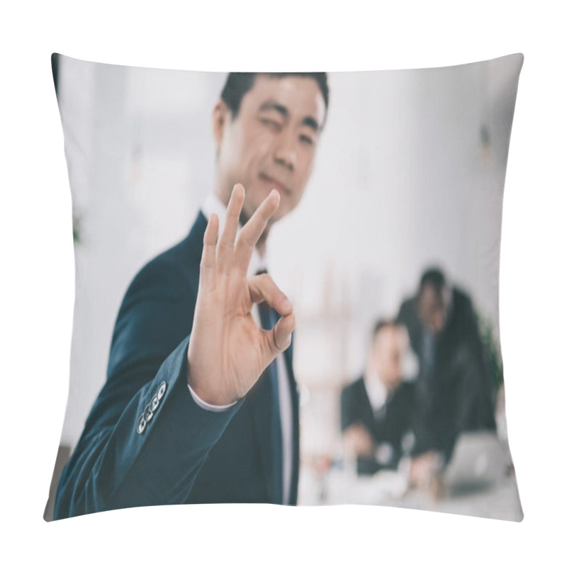 Personality  Asian Businessman Showing Okay Sign Pillow Covers