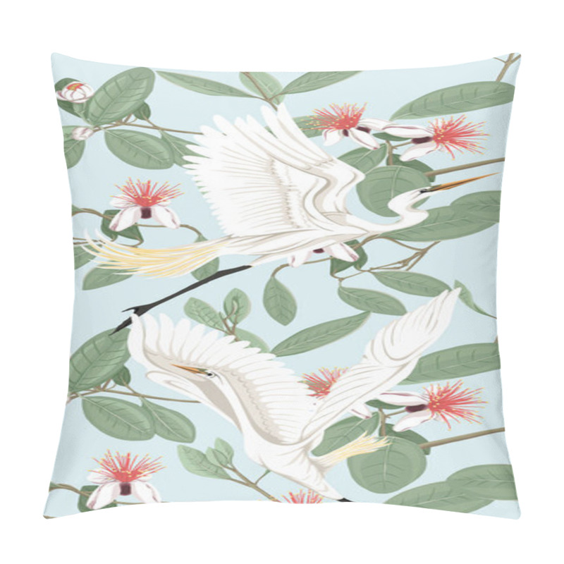 Personality  Pattern, Background With With Feijoa Flowers With Herons . Vector Illustration.  On Soft Blue Background.  Pillow Covers