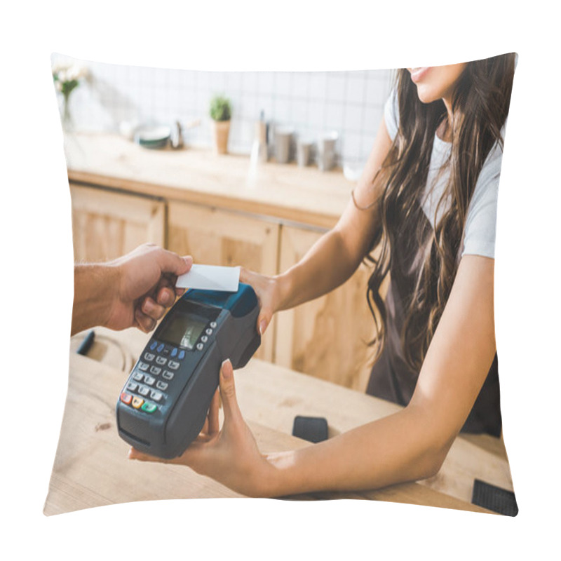 Personality  Cropped View Of Cashier Standing Near Bar Counter In Brown Apron And Holding Terminal Wile Man Paying With Credit Card In Coffee House Pillow Covers