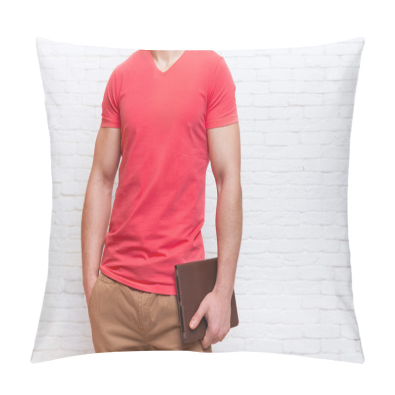 Personality  Unrecognizable Man Holding Tablet Computer Stand Over Wall Pillow Covers