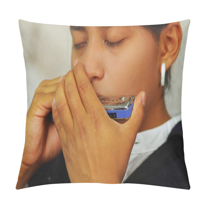 Personality  Indigenous Young Man From Otavalo, Ecuador, Playing The Harmonica Pillow Covers