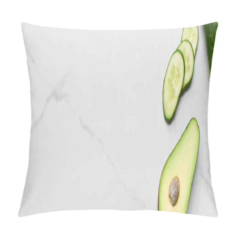 Personality  Panoramic Shot Of Half Of Avocado And Cucumber Slices On Marble Surface Pillow Covers