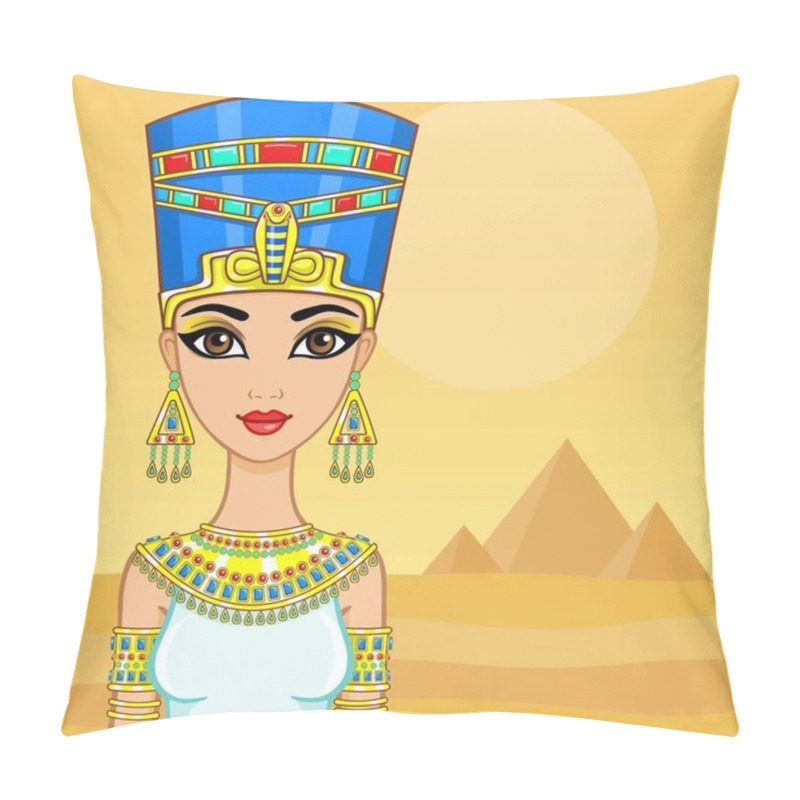 Personality  Animation Portrait Of The Egyptian Queen. A Background - A Landscape The Desert, Pyramids. The Place For The Text. Pillow Covers