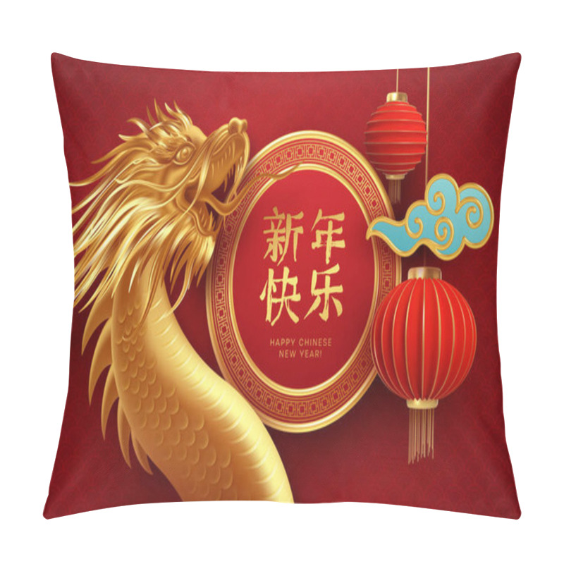 Personality  Chinese New Year Design Template With Golden Chinese Dragon And Red Lanterns On The Red Background. Translation Of Hieroglyphs Happy New Year. Vector Illustration Pillow Covers