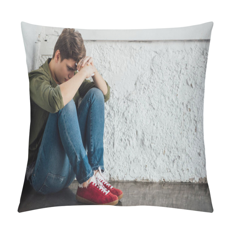 Personality  Sad Teenager In Jeans Holding Smartphone And Sitting On Floor Pillow Covers