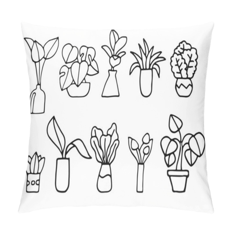 Personality  Set Of Houseplants In Doodle Style. Contour Plants For The Interior. Vector EPS 10 Pillow Covers