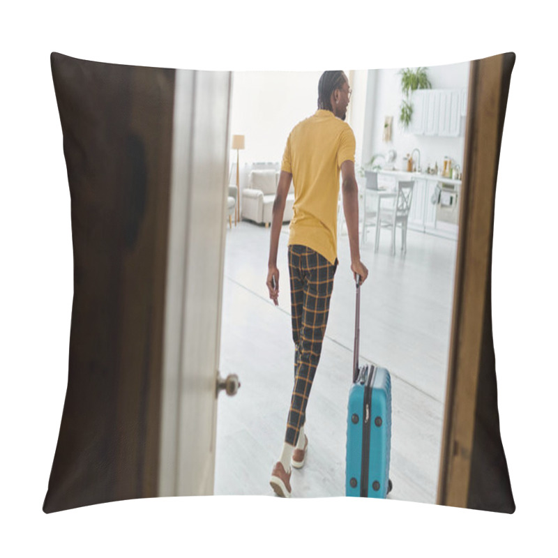 Personality  A Stylish Young Man Grabs His Suitcase, Ready To Leave His Apartment For An Adventure. Pillow Covers