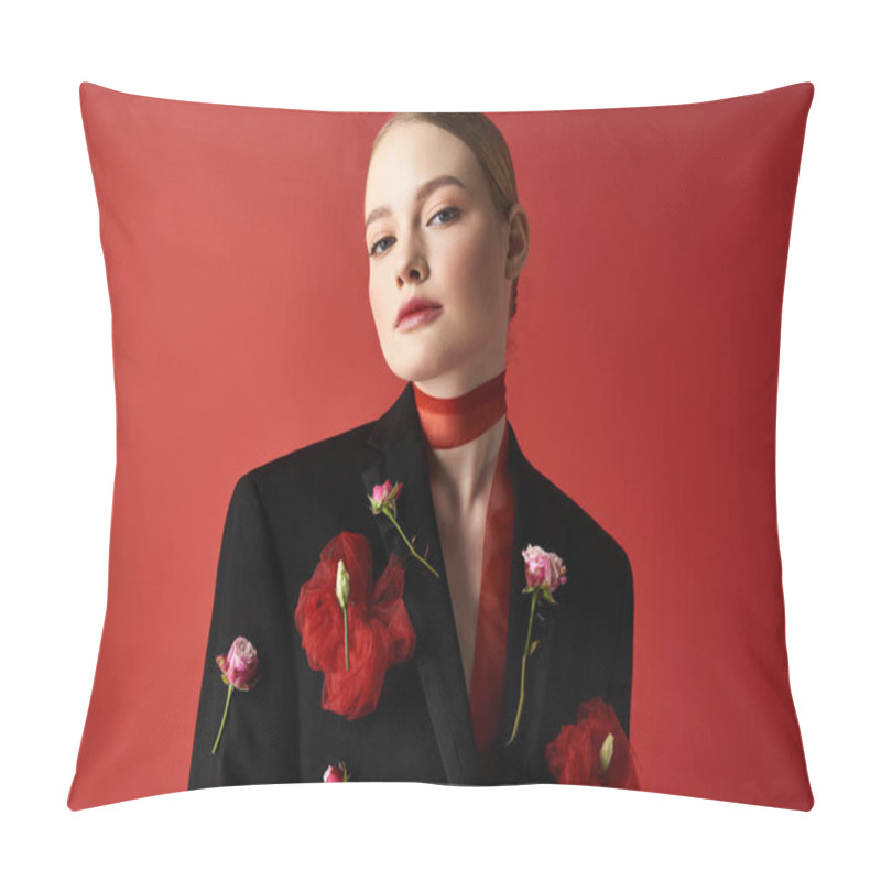 Personality  A Beautiful Woman In A Stylish Jacket Showcases Floral Accents With Confidence. Pillow Covers