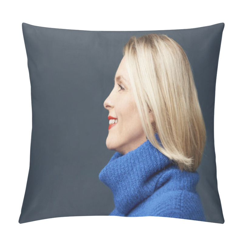 Personality  Face Profil Of Beautiful Elderly Woman Standing At Dark Background And Smiling Pillow Covers