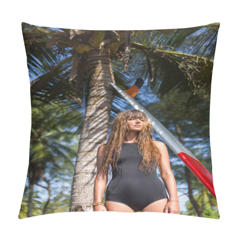 Personality  Beautiful Girl With Long Hair Posing Near Palm Tree With Surfboard   Pillow Covers