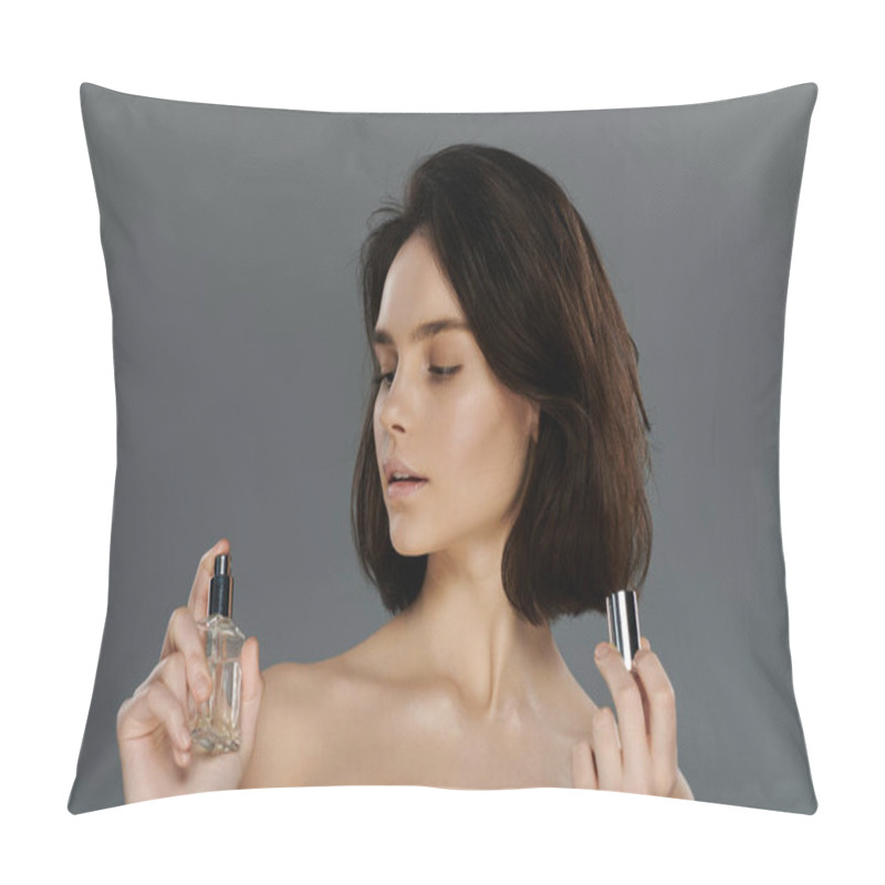 Personality  A Woman Holds A Bottle Of Perfume, Looking At It Thoughtfully. Pillow Covers