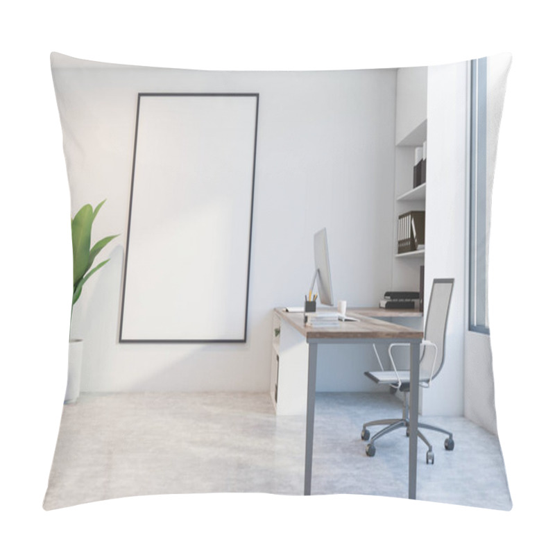 Personality  Side View Of Minimalistic CEO Office With White Walls, Concrete Floor, Panoramic Window With Beige Curtain And Computer Table. Vertical Mock Up Poster. 3d Rendering Pillow Covers