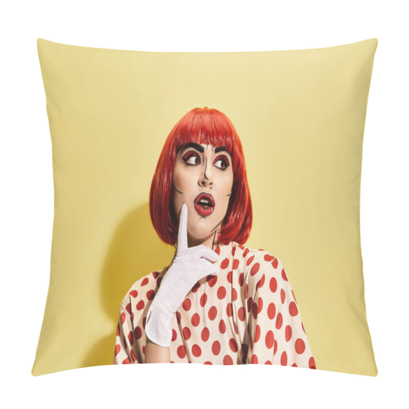 Personality  A Striking Redhead In A Polka Dot Dress Stands Against A Yellow Background, Exuding A Vibe Straight Out Of A Comic Book. Pillow Covers