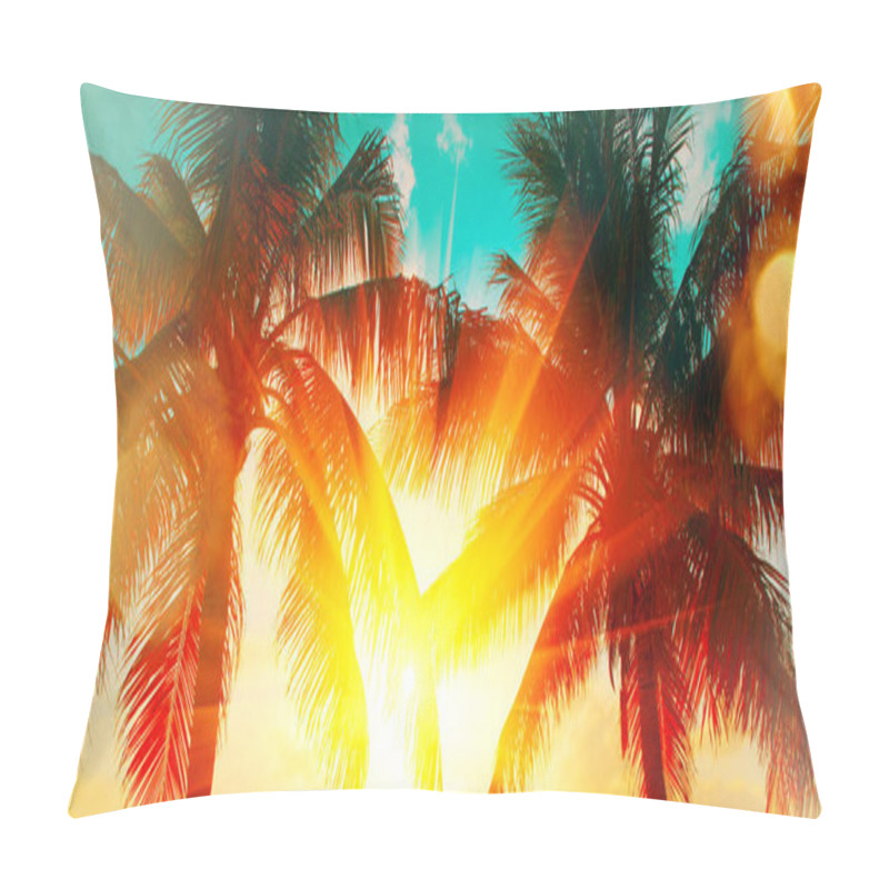 Personality  Tropical Palm Tree Over Sunset Sky. Palms And Beautiful Sky Background. Tourism, Vacation Concept Backdrop. Palms Silhouettes Over Orange Sun Pillow Covers