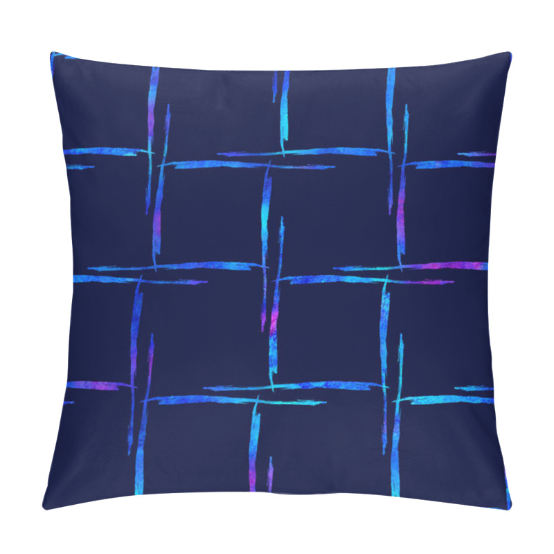 Personality  Watercolor Brush Plaid Seamless Pattern Hand Painted Check Grange Geometric Design In Blue Color. Modern Strokes And Stripes Pillow Covers