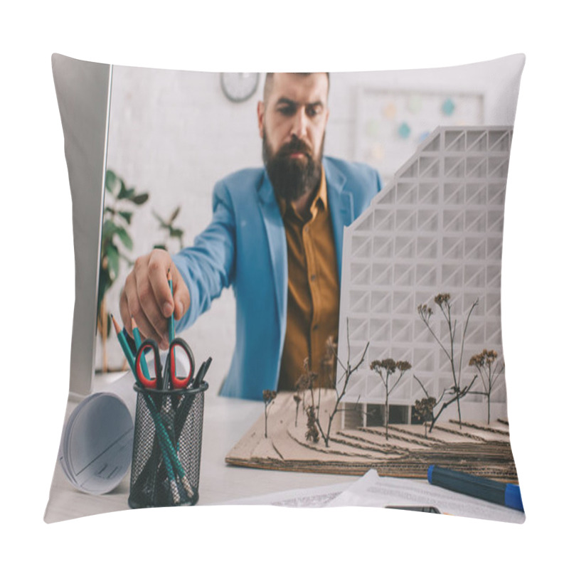 Personality  Busy Adult Male Architect In Formal Wear Working On Project At Computer Desk In Office Pillow Covers