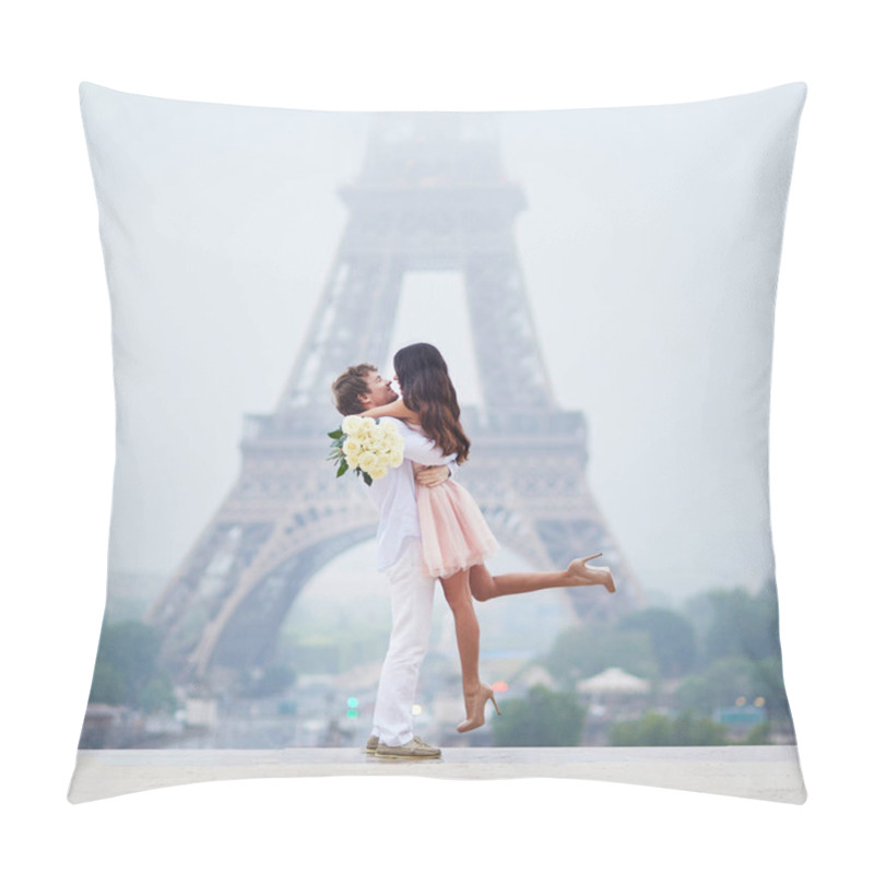 Personality  Beautiful Romantic Couple In Love With Bunch Of White Roses Near The Eiffel Tower In Paris On A Cloudy And Foggy Rainy Day Pillow Covers