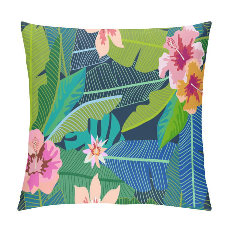 Personality  Trendy Tropical  Background With Banana Leaves And Hibiscus Flowers.  Pillow Covers