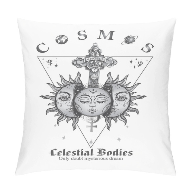 Personality  Mystic Pattern With Sun And Angel Cross Cosmos Background. Space And Abstract Astrology Magic Sky, Vector. Celestial Bodies Design Pillow Covers