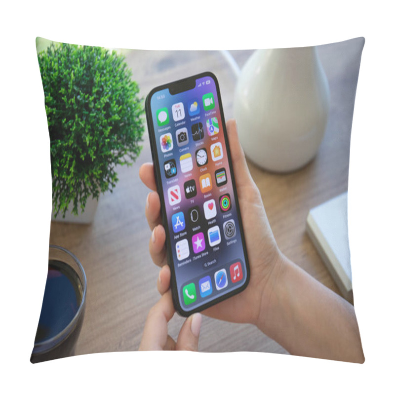 Personality  Alanya, Turkey - October 11, 2022: Woman Hand Holding IPhone 14 With Home Screen IOS 16 On The Screen. Pillow Covers