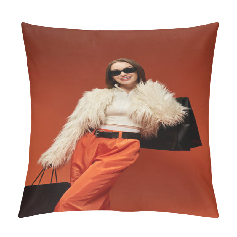 Personality  A Stylish Woman In A Fluffy Coat Poses With Shopping Bags Against A Bright Background. Pillow Covers