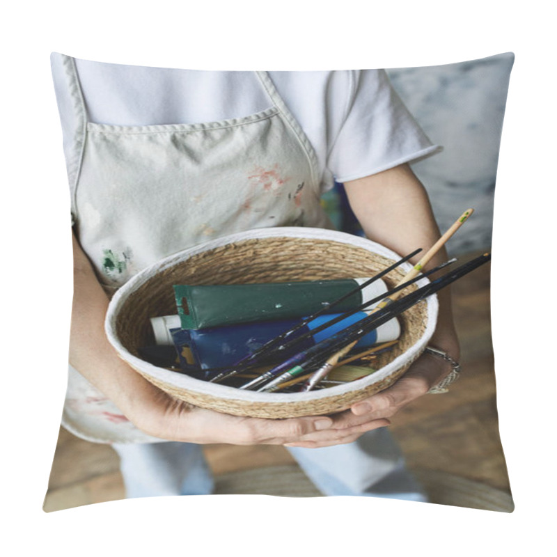 Personality  A Woman Enjoys Her Creative Space While Holding Art Materials. Pillow Covers