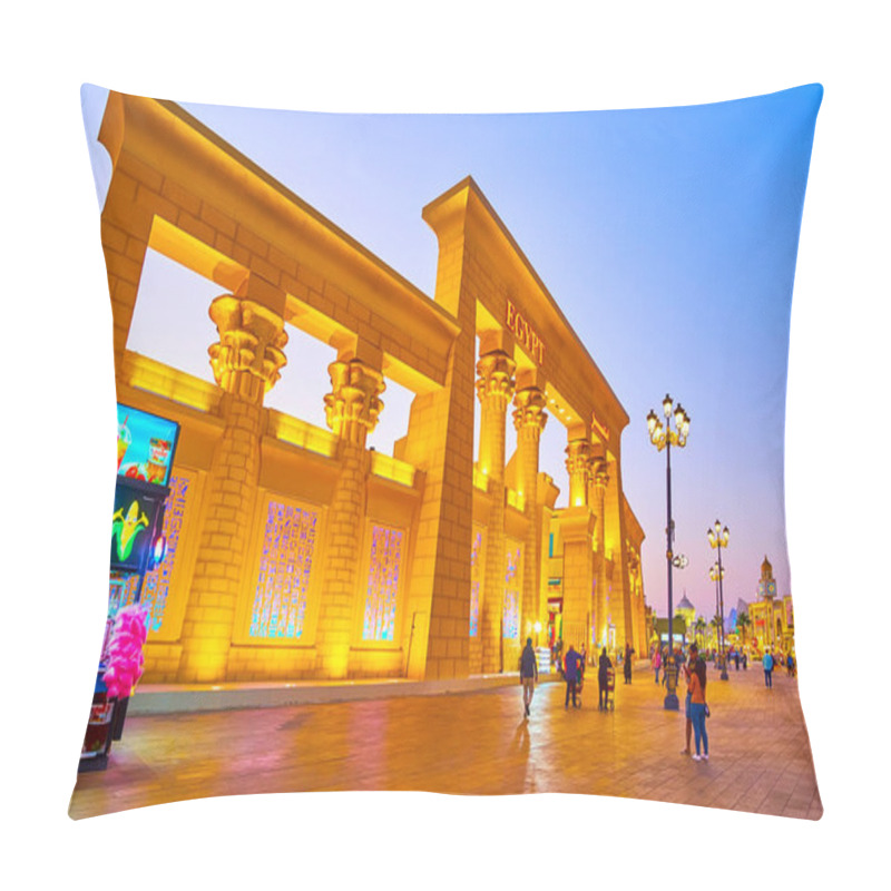 Personality  DUBAI, UAE - MARCH 5, 2020: The Evening Lights Decorate The Facade Of Egypt Pavilion Of Global Village Dubai, On March 5 In Dubai Pillow Covers