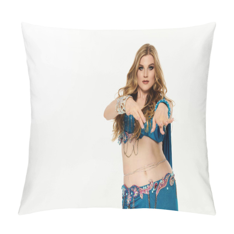 Personality  Woman In Belly Dance Attire Points Directly At Viewer. Pillow Covers