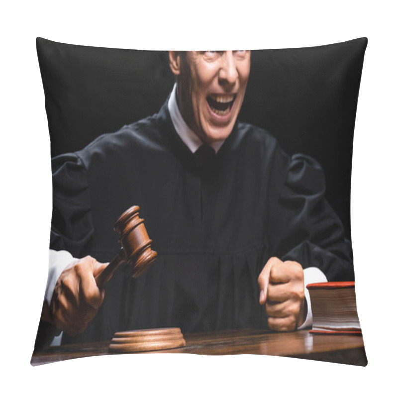 Personality  Angry Judge In Judicial Robe Sitting At Table And Hitting With Gavel Isolated On Black Pillow Covers