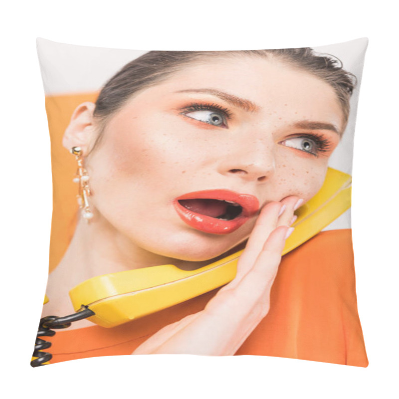 Personality  Beautiful Surprised Woman Talking On Retro Telephone And Touching Face With Turmeric On Background Pillow Covers