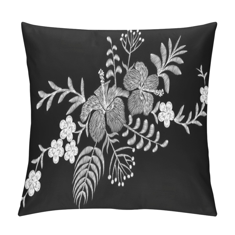 Personality  Tropical Embroidery Flower Arrangement. Exotic Plant Blossom Summer Jungle. Fashion Print Textile Patch. Hawaii Hibiscus Plumeria Vector Illustration Pillow Covers