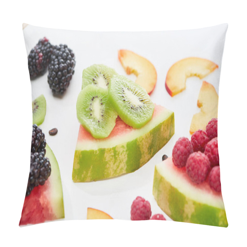 Personality  Delicious Dessert With Watermelon, Kiwi And Berries On White Background Pillow Covers