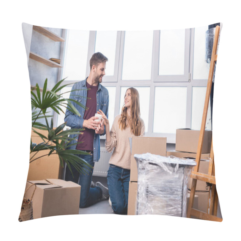 Personality  Man And Woman Looking At Each Other While Unpacking Carton Boxes In New Home  Pillow Covers