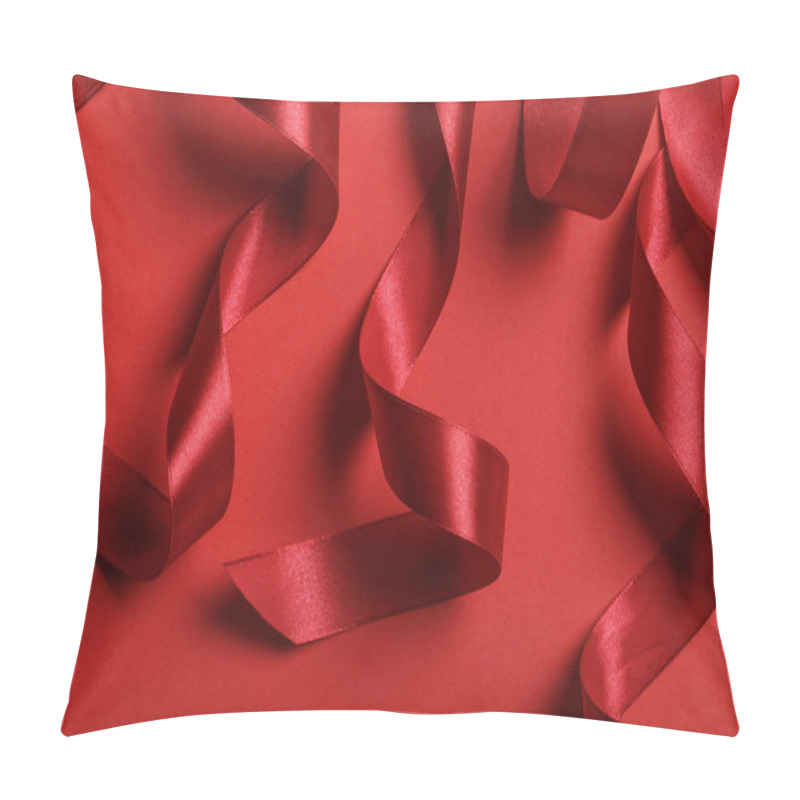 Personality  Close Up Of Curved Satin Red Ribbons On Red Background Pillow Covers