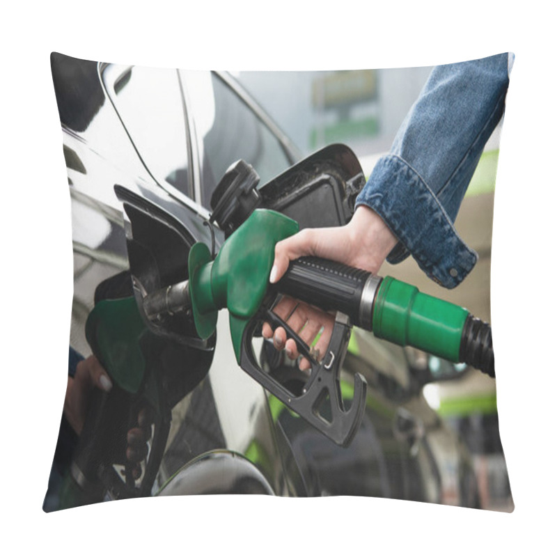 Personality  Cropped View Of Woman Fueling Car On Gas Station Pillow Covers