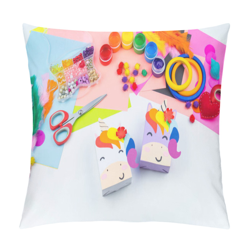 Personality  A Box With A Gift Inside In The Form Of A Rainbow Unicorn. Children's Paper Craft School Kindergarten. Party With A Surprise. Pillow Covers