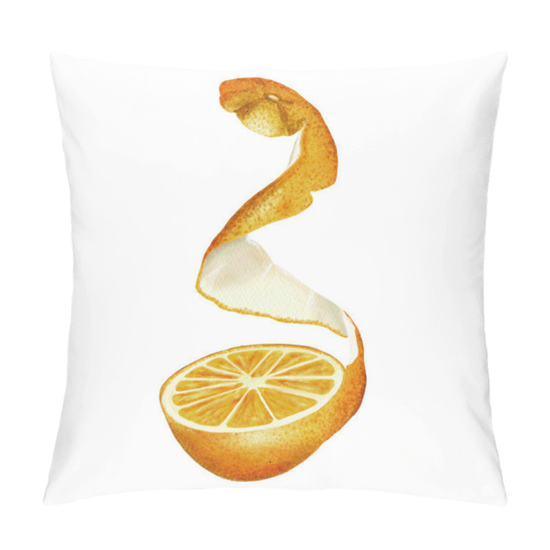 Personality  The Orange Is Cut In Half. Juicy Citrus Pulp. Long Orange Peel. Peeled Fruit. Food Waste. Watercolor Illustration. No Background.  Pillow Covers