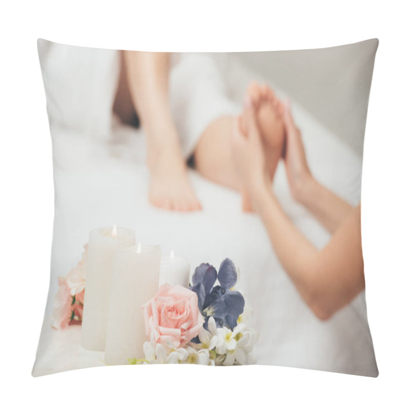 Personality  Selective Focus Of Masseur Doing Foot Massage To Adult Woman In Spa Pillow Covers