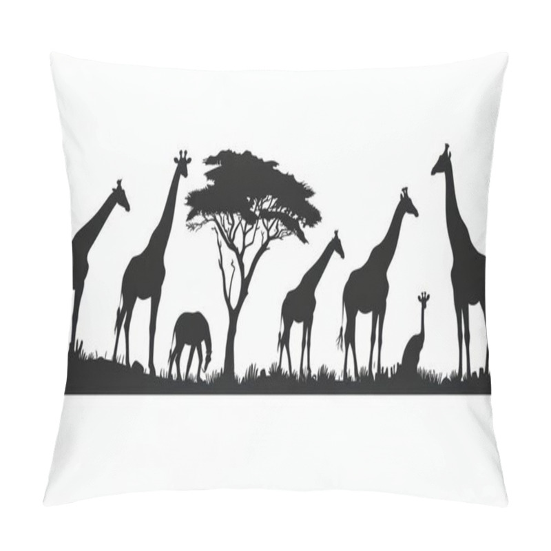 Personality  Silhouette Of Majestic Giraffes And A Tree Against A White Background, Showcasing Their Iconic Stature And Grace. Pillow Covers