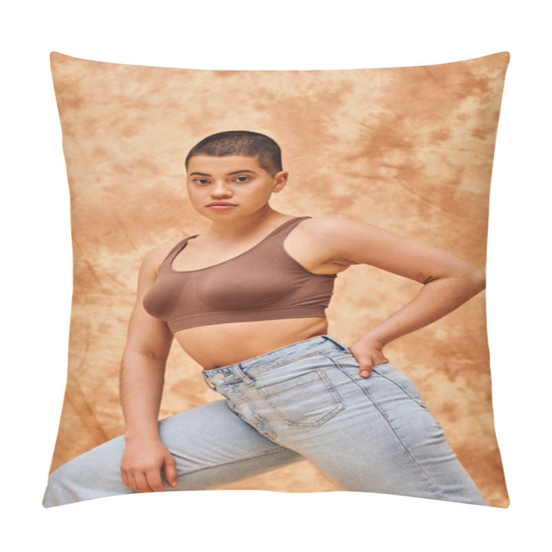 Personality  Jeans Look, Generation Z, Young Curvy Woman With Tattoos Posing With Hand In Pocket On Mottled Beige Background, Different Shapes, Body Positivity Movement, Self-esteem, Confidence  Pillow Covers