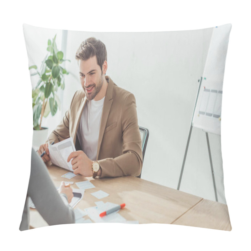 Personality  Selective Focus Of Smiling Designer Working With Mobile Application Layouts And Colleague At Table Pillow Covers