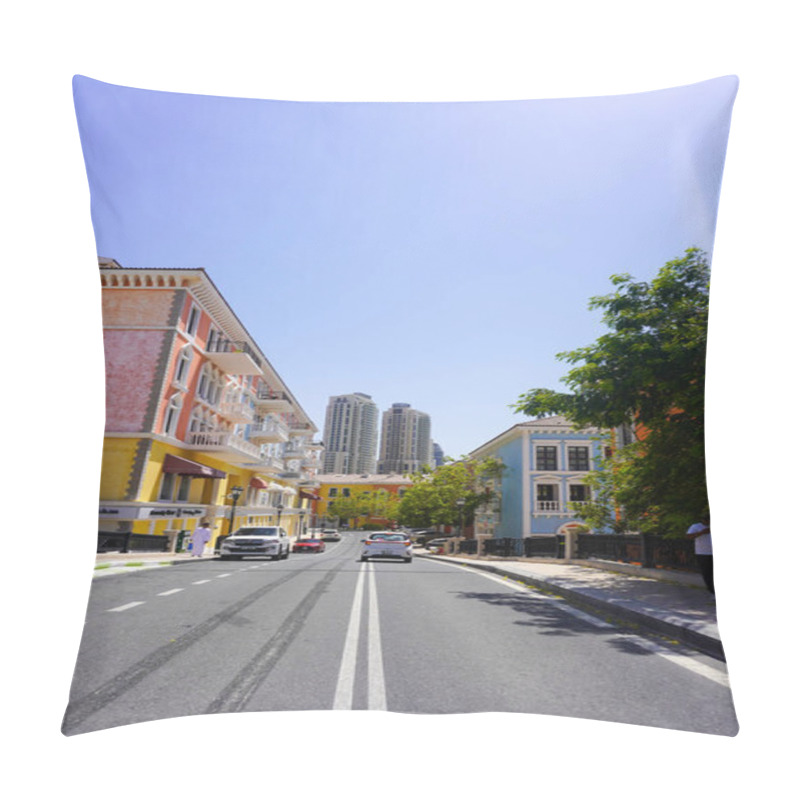 Personality  Street In Porto Arabia In Pearl Overlooking The Fairmont Luxury Resort In Doha, Qatar Pillow Covers