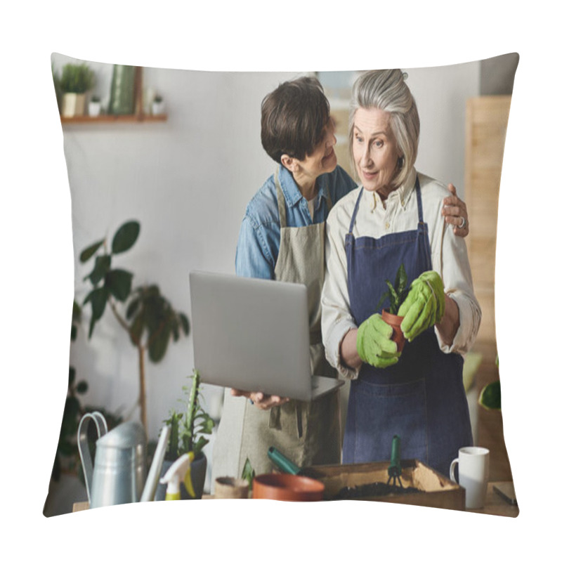 Personality  Two Women Engaging With A Laptop Together. Pillow Covers