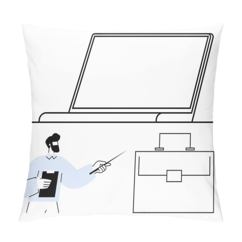 Personality  Man Pointing At Laptop Screen Holds Clipboard Near Briefcase, Symbolizing Analysis, Planning, And Presentations. Ideal For Business Communication, Education, Strategy, Remote Work, Productivity Pillow Covers