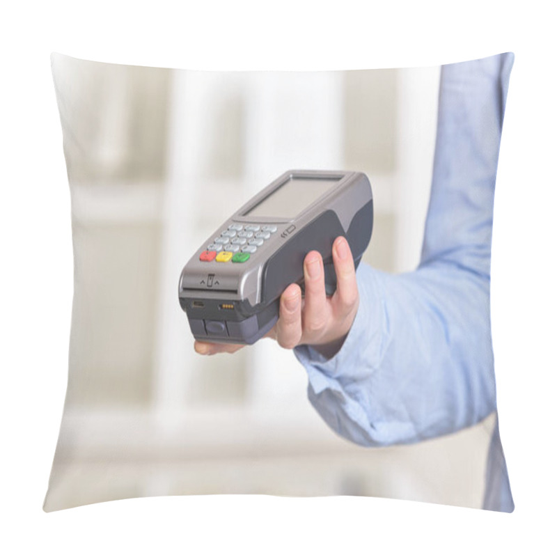 Personality  A Hand Holding A Wireless Card Payment Terminal At Shop Pillow Covers