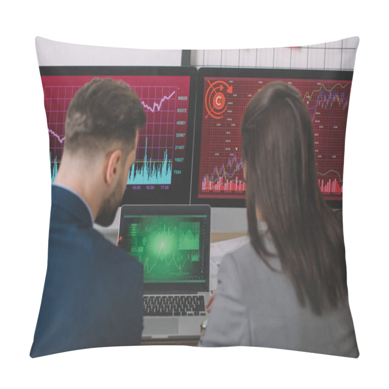 Personality  Back View Of Analysts Working On Vulnerability Of Computer Systems With Charts On Computer Monitors  Pillow Covers